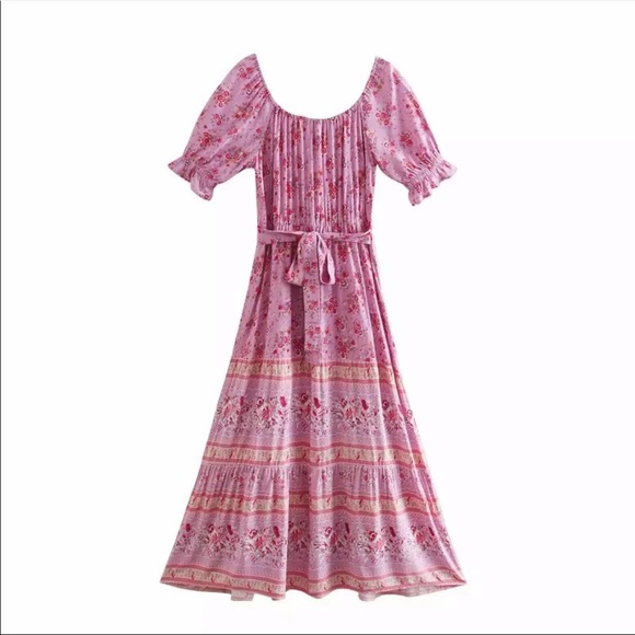 Boho gypsy long maxi dress pink paisley floral - Picture 6 of 13